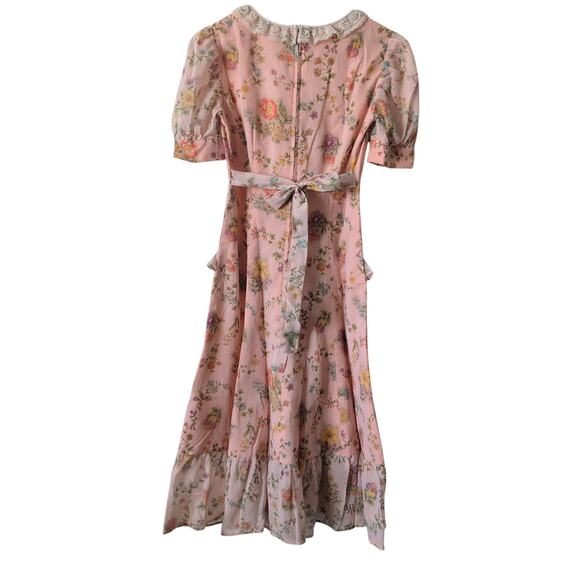 Vintage 50s-60s Empire Waist Dress Lace Pockets Floral Pink Hyper Feminine Girly - Picture 4 of 13